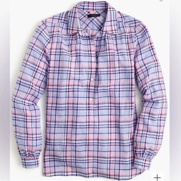 Like New J. Crew Purple Lilac Plaid Gathered Button Up Popover Shirt Top Size 0 - Picture 2 of 8